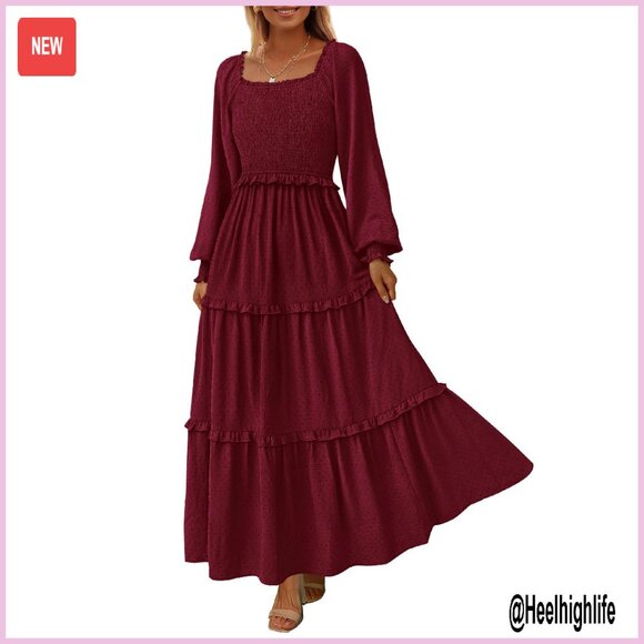 Long Sleeve Smocked Square Neck Swiss Dot Tiered Maxi Dress with Pockets